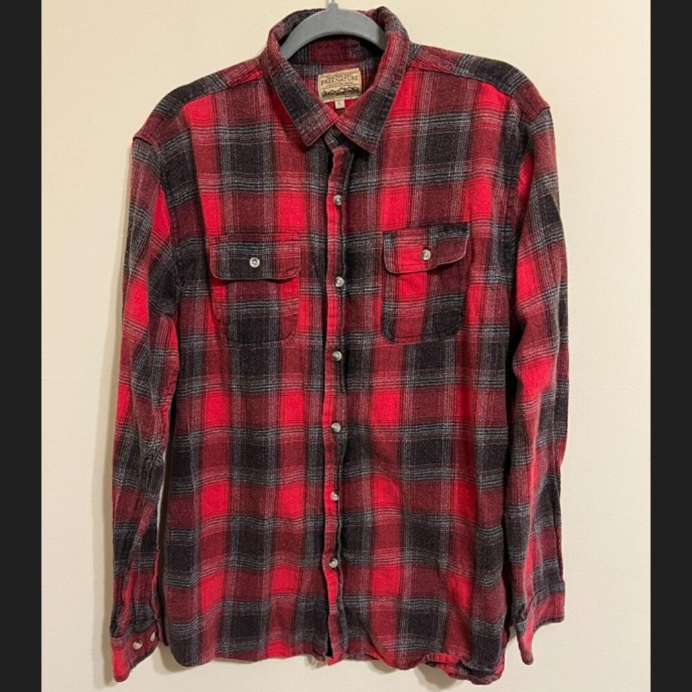 Free Nature Red & Black Plaid Flannel Shirt Men's Size L